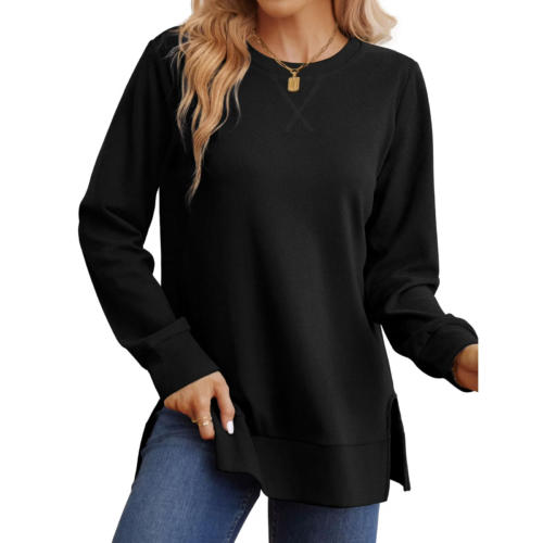 MOSHU Crewneck Sweatshirts for Women Side Split Long Sleeve Shirts Fashion Fall Womens Tops